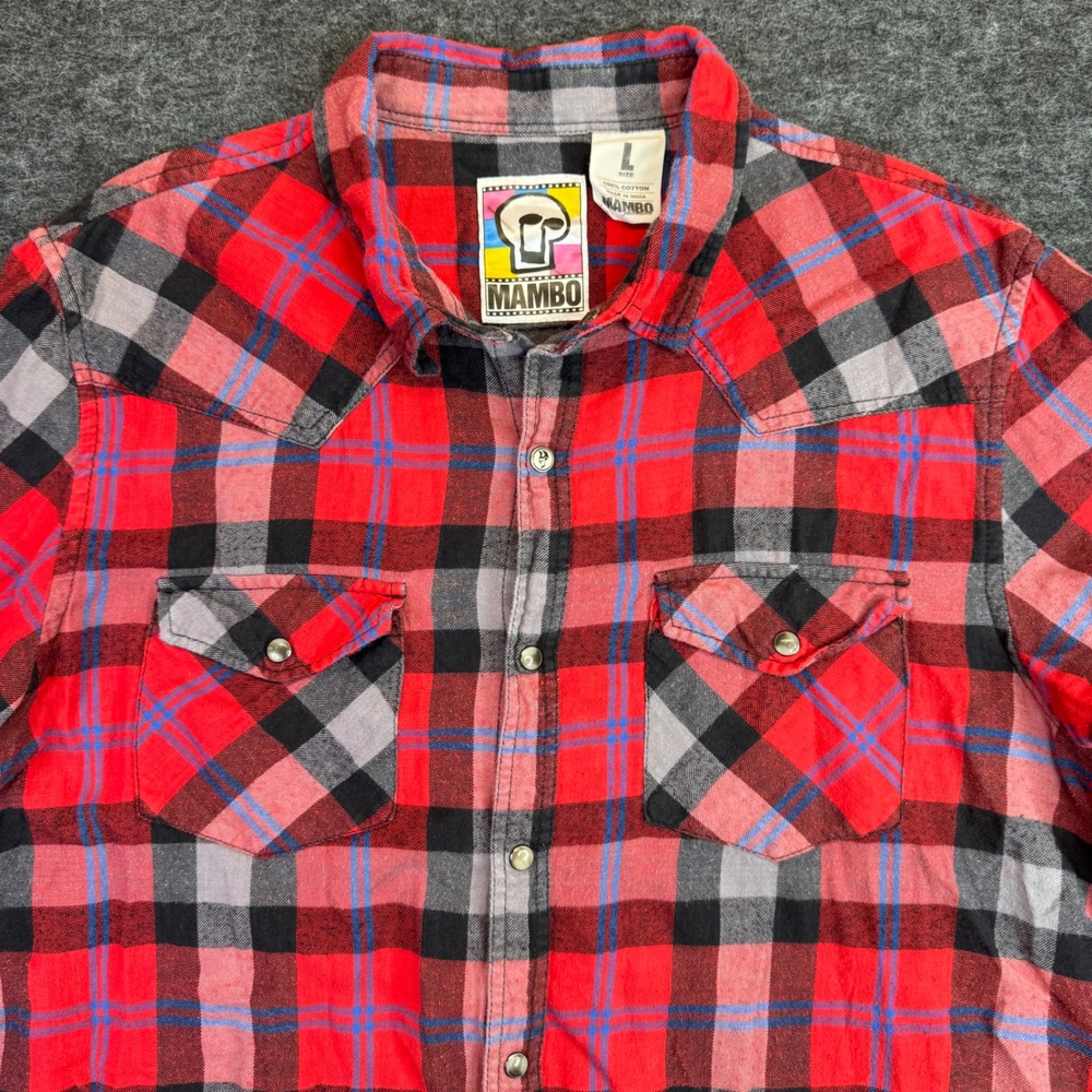Mambo Australia Flannel Shirt Mens‎ L Red Black Plaid Western Pearl Snap Cotton